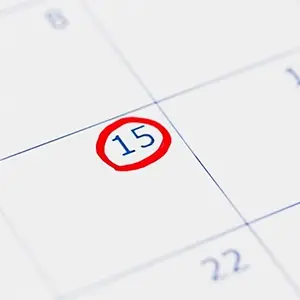Zoomed In Shot Of A Calendar Showing Day 15 Circled In Red Ink