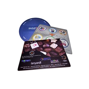 A selection of three different shaped printed mouse mats.